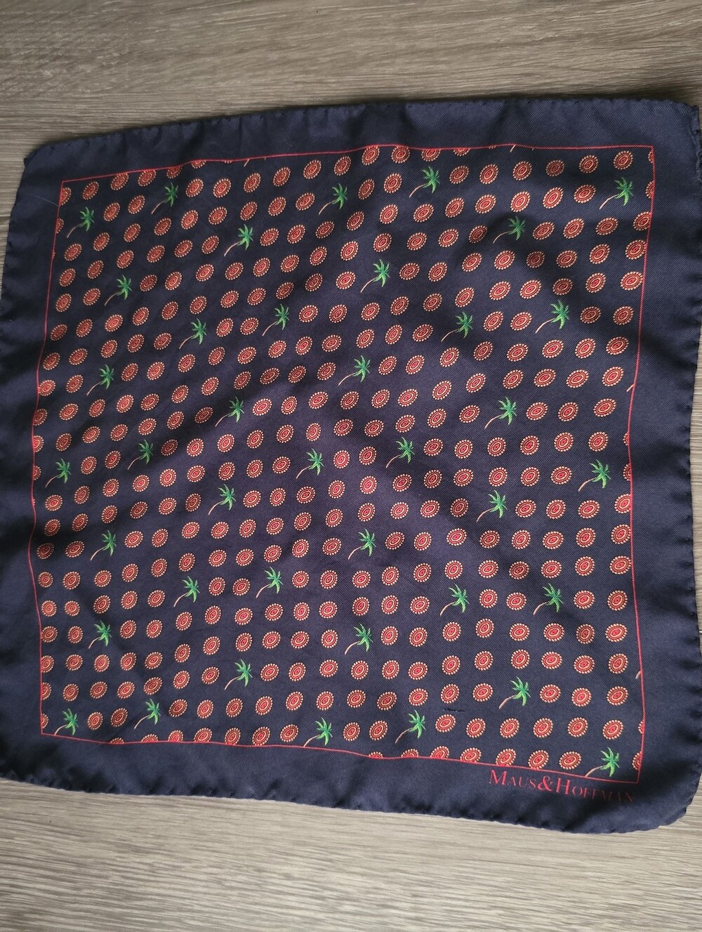 Maus & Hoffman Silk Pocket Square Navy Red Medallion Palm Tree Made in Italy 13"